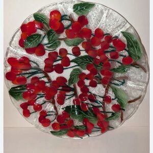 Fusion art glass cherries jubilee 14” ribbed bowl William McGrath fruit medley
